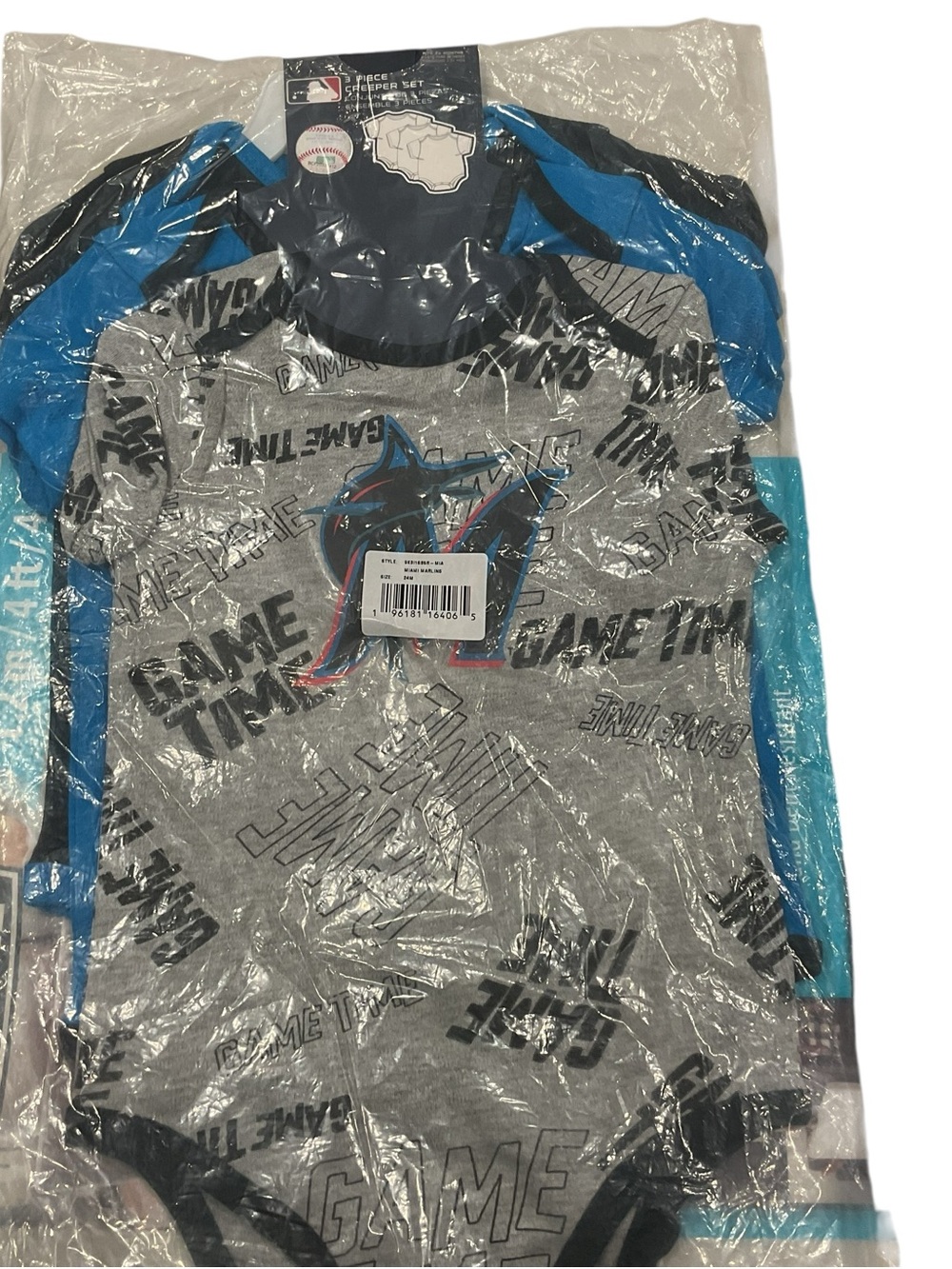 MLB Miami Marlins Baby Boys 3 Piece Creeper Set Bodysuits 24M Grey Blue Black